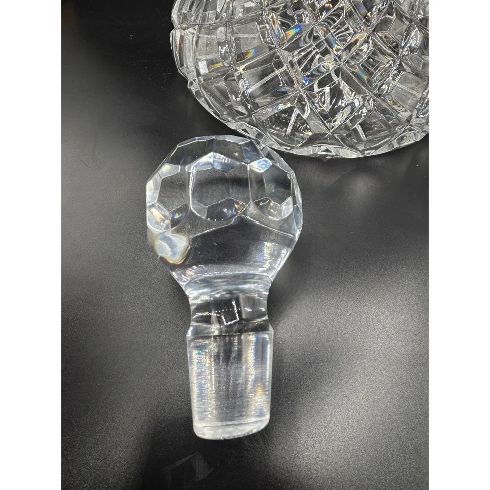 Vintage Cut Glass Decanter with Large Geometric Globe Stopper Diamond Pattern